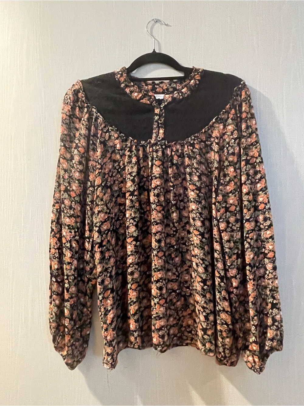 Maurices Black Yoke Floral Blouse with Peach Accents